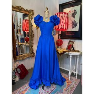 vintage 1980s blue satin ball gown 80s prom dress train ruffled off shoulders sm